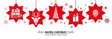 greeting card merry Christmas and happy new year with red stars, Christmas tree, candles, reindeer, cone, and gifts - vector illustration post cardのイラスト素材