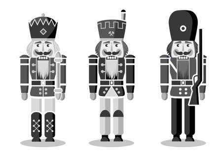 three german nutcrackers - traditional wood carving - monochrome vector illustration on white...