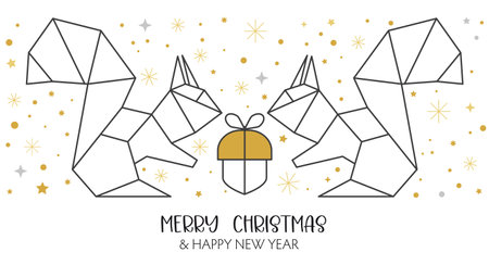 two cute squirrels give each other presents for Christmas - vector illustrationのイラスト素材