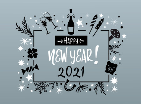 New Year greetings 2021. Calligraphy and symbols. Happy new year calligraphy. Greeting Card Black and white color - Typography on silver colored Backgroundのイラスト素材