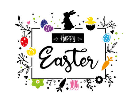 Easter greeting card and banner template with Easter bunny, Easter eggs and flowers on whiteのイラスト素材