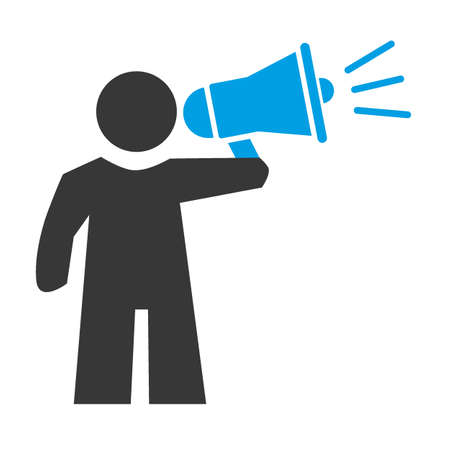marketing and promotion icon. Figure holding megaphone isolated on white background. Vector illustration conceptのイラスト素材