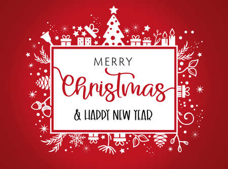 Merry Christmas and Happy New Year lettering template. Greeting card invitation with stars and Christmas symbols. Winter holidays related typographic quote. Vector vintage illustration. white and black color on red backgroundのイラスト素材