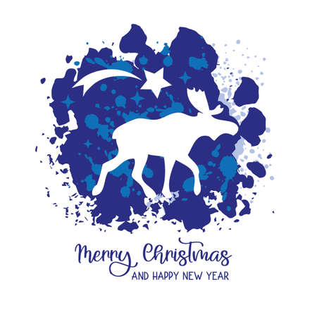 Christmas card with reindeer and falling star on blue painted circle with speckle- vector illustrationのイラスト素材