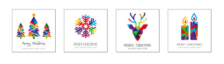 Collection of colorful Christmas and happy new year greeting cards - Christmas tree, Star, Reindeer and candles. Vector illustration concept on white backgroundのイラスト素材