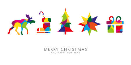 Colorful Christmas and happy new year greeting card - vector illustration concept on white backgroundのイラスト素材