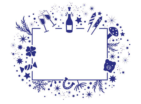 vector illustration of happy new year background with fireworks champagne stars shamrock and horseshoe blue and white colors lace for text and inscriptionのイラスト素材
