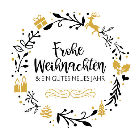 Merry Christmas in german language.Text with Advent wreath and other christmas symbols - vector calligraphic lettering.のイラスト素材