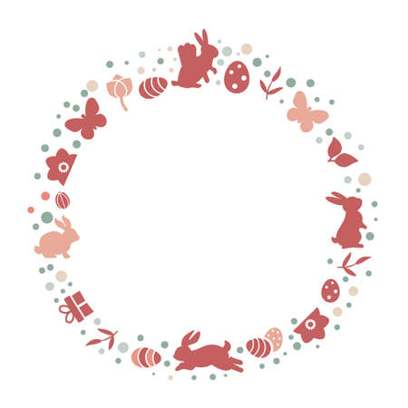 Happy easter wreath - Vector illustration with white silhouettes of bunnies, butterflies, Easter eggs and flowers - decorative elements isolated on white background - Vector illustration conceptのイラスト素材