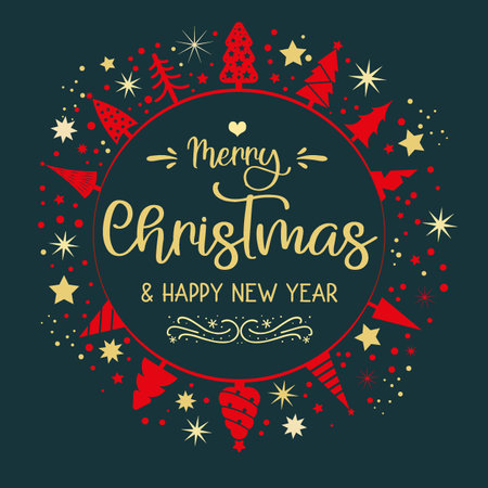 Greeting card invitation with Christmas trees and stars. Merry Christmas and Happy New Year lettering template. Winter holidays related typographic quote. Vector vintage illustration. Red and gold color on dark green backgroundのイラスト素材
