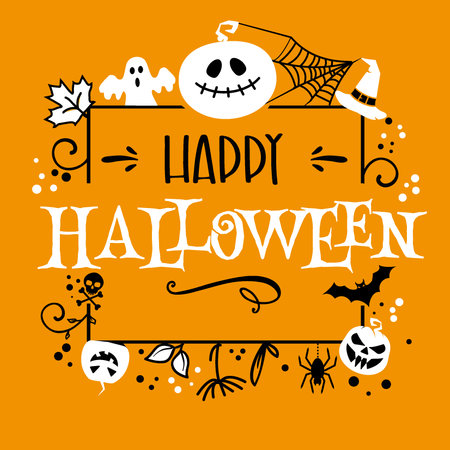 Happy Halloween Calligraphy Text with illustrated pumpkin, ghost and other scarry symbolsのイラスト素材