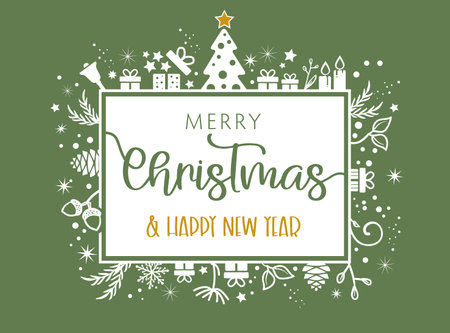 Merry Christmas and Happy New Year lettering template. Greeting card invitation with stars and Christmas symbols. Winter holidays related typographic quote. Vector vintage illustration. green and gold color on white backgroundのイラスト素材