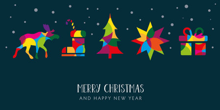 Christmas tree, Star, Reindeer and gift Vector illustration concept on dark backgroundのイラスト素材