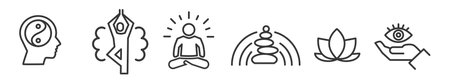 Outline symbols and signs of meditation and yoga topics such as mindfulness; resilience, balance, relaxation, lifestyle, and habits - editable vector thin line icon collection on white backgroundのイラスト素材