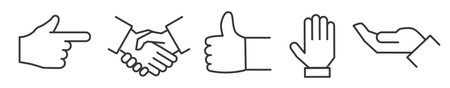 Outline symbols and signs of hand gestures such as handshake, pointing and rating - editable vector thin line icon collection on white backgroundのイラスト素材