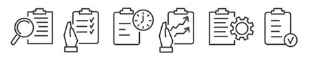 Checklist and clipboard Business outline symbols and signs - editable vector thin line icon collection on white backgroundのイラスト素材