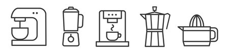 Simple Set of Kitchen Appliances Editable Vector Thin Line Icons. Contains such symbols as kitchen machine, blender, coffee maker, espresso pot and squeezerのイラスト素材