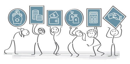 Team holds up signs with drawings symbolizing financial advice and accounting - Vector illustration isolated on white background - Concept of finance accounting and calculation of financial income and expensesのイラスト素材