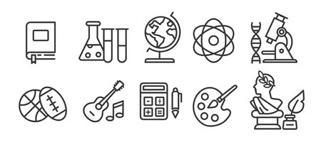 school subjects - math, biology, chemistry, history, geometry, physical education, physics, visual arts and more - thin line icon collection on white background - vector illustrationのイラスト素材