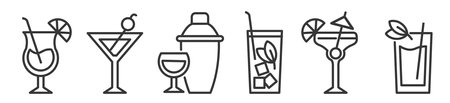 Icon Set of cocktail glasses and mixer - Vector Illustration - Beverage for summer beach party - drinks in different types of glasses - Editable Thin Line Icons Collection on white Background for Web and Printのイラスト素材