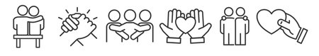 Outline symbols and signs of relationships such as friendship, partnership, mutual understanding and togetherness - editable vector thin line icon collection on white backgroundのイラスト素材