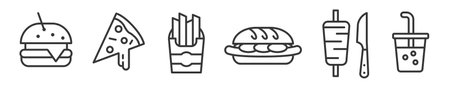 Icon Set of fast food, hamburger, pizza, French fries and gyros - Vector Illustration - Editable Thin Line Icons Collection on white Background for Web and Printのイラスト素材