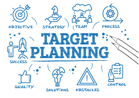 Target planning process such as objective, strategy, control, obstacles, solutions and success - drawn chart with keywords and icons - vector illustrationのイラスト素材