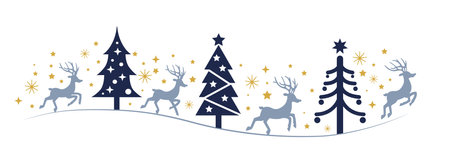 Collection of blue reindeers, Christmas trees and golden stars in different design. For web and printed materials - posters, leaflets, flyers, brochures.のイラスト素材
