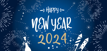 New Year fireworks and golden calligraphy numbers 2024 on blue backgroundのイラスト素材