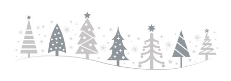 Collection of silvery Christmas trees and golden stars in different design. For web and printed materials - posters, leaflets, flyers, brochures.のイラスト素材