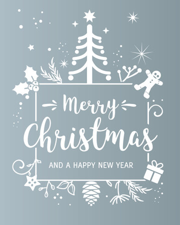 Merry Christmas Calligraphy Greeting Card white lettering on silver backgroundのイラスト素材