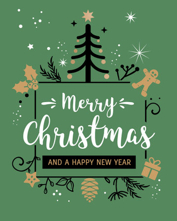 Merry Christmas Calligraphy Greeting Card white lettering on green backgroundのイラスト素材