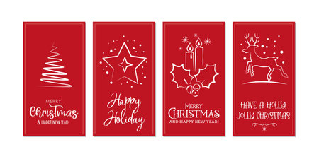 Set of Christmas and Happy New Year greeting cards red colored background. Four Vector Illustrations postcards with lettering calligraphy decorative ornament elementsのイラスト素材