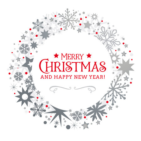 Luxury Christmas invitation card design vector. Beautiful wreath of silver stars on white background. Red colored textのイラスト素材