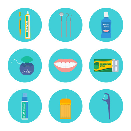 Dental hygiene and tooth health care icon set: brush and toothpaste, dental check-up tools, mouthwash, floss, mouth, gum, breath freshener, toothpicks, floss with a handle.のイラスト素材