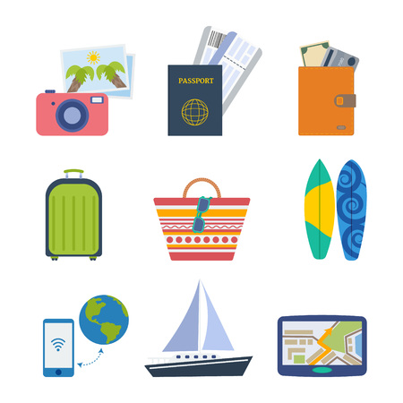 Summer icon set. Travel and vacation elements: tickets, passport, money, travel bag, beach bag, surfboard,  travel guide and othersのイラスト素材