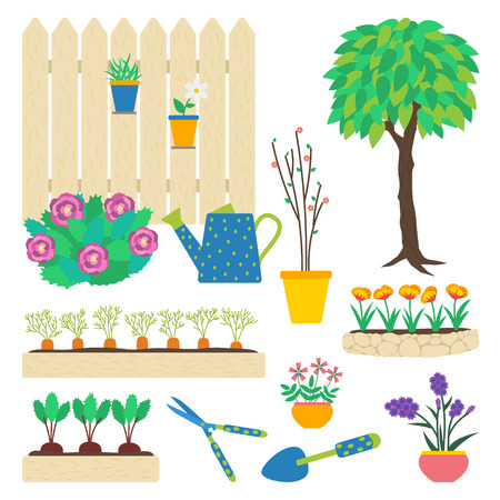 Vector set of garden elements. Flowers in pots, flowerbed, tree, vegetable patch, beetroot, carrot, garden tools, trowel, hedge shears, peony bush, watering can, seedlingのイラスト素材