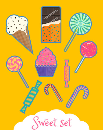 Icons of ice-cream, candies and sweets, chocolate bar, lollipops and canesのイラスト素材