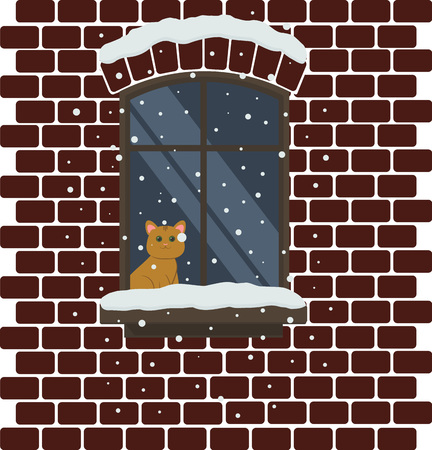 Red cat looking outside in the snowy window of a brick houseのイラスト素材