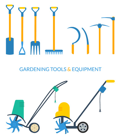 Vector set of gardening tools and equipment: ditch or post spade, hoe, pitchfork, rake, sickle, mattock, pickaxe, electric cultivator.のイラスト素材