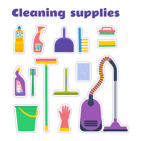 Cleaning supplies sticker set. Vector setのイラスト素材