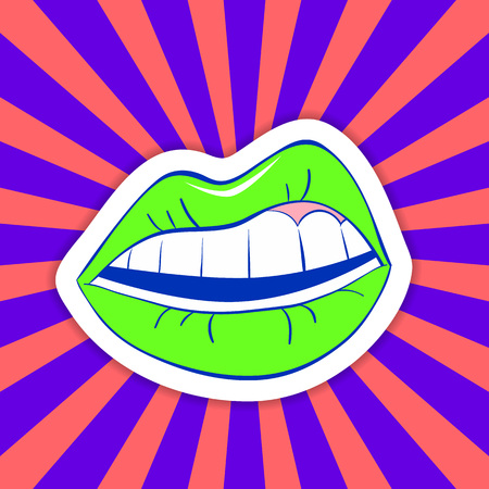 Cartoon style female lips on a colorful background. 80s-90s style vector illustration of a mouth with a smile.のイラスト素材