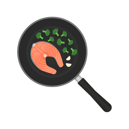 Vector illustration of a salmon steak in a frying pan with vegetables.のイラスト素材