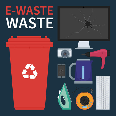 Bin for recycling e-waste. Old and broken electronic and electrical household equipment vector...