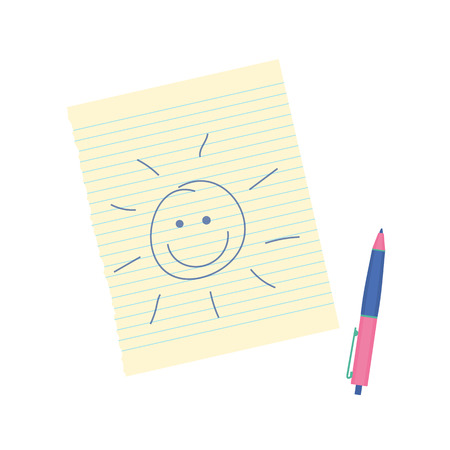 Kid's drawing of a sun on a piece of paper and a pen. Vector illustrationのイラスト素材