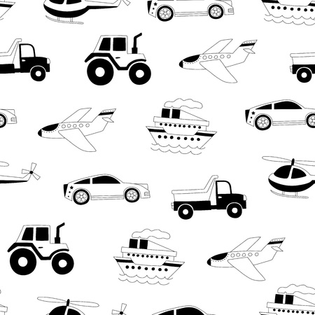 Seamless pattern for a boy's nursery fabrics with a car, plane, truck. Vector in Scandinavian styleのイラスト素材