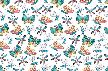 Scandinavian style seamless pattern with cartoon bugs and butterflies. Perfect for bedroom and nursery fabrics. Vector illustration.のイラスト素材