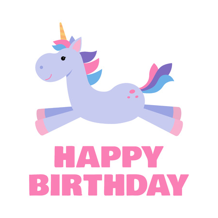 Greeting card for a kids birthday with a cute unicorn. Vector illustration.のイラスト素材