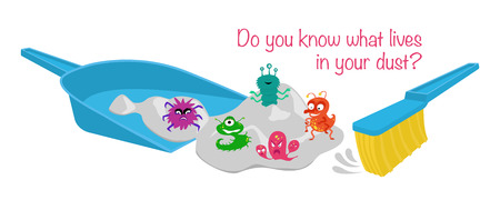 Vector illustration of microbes living in the dust with a pan and a brush.のイラスト素材