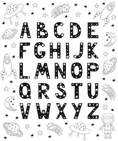 English alphabet for kids in Scandinavian style. Poster with space doodles and letters. Vector illustration.のイラスト素材